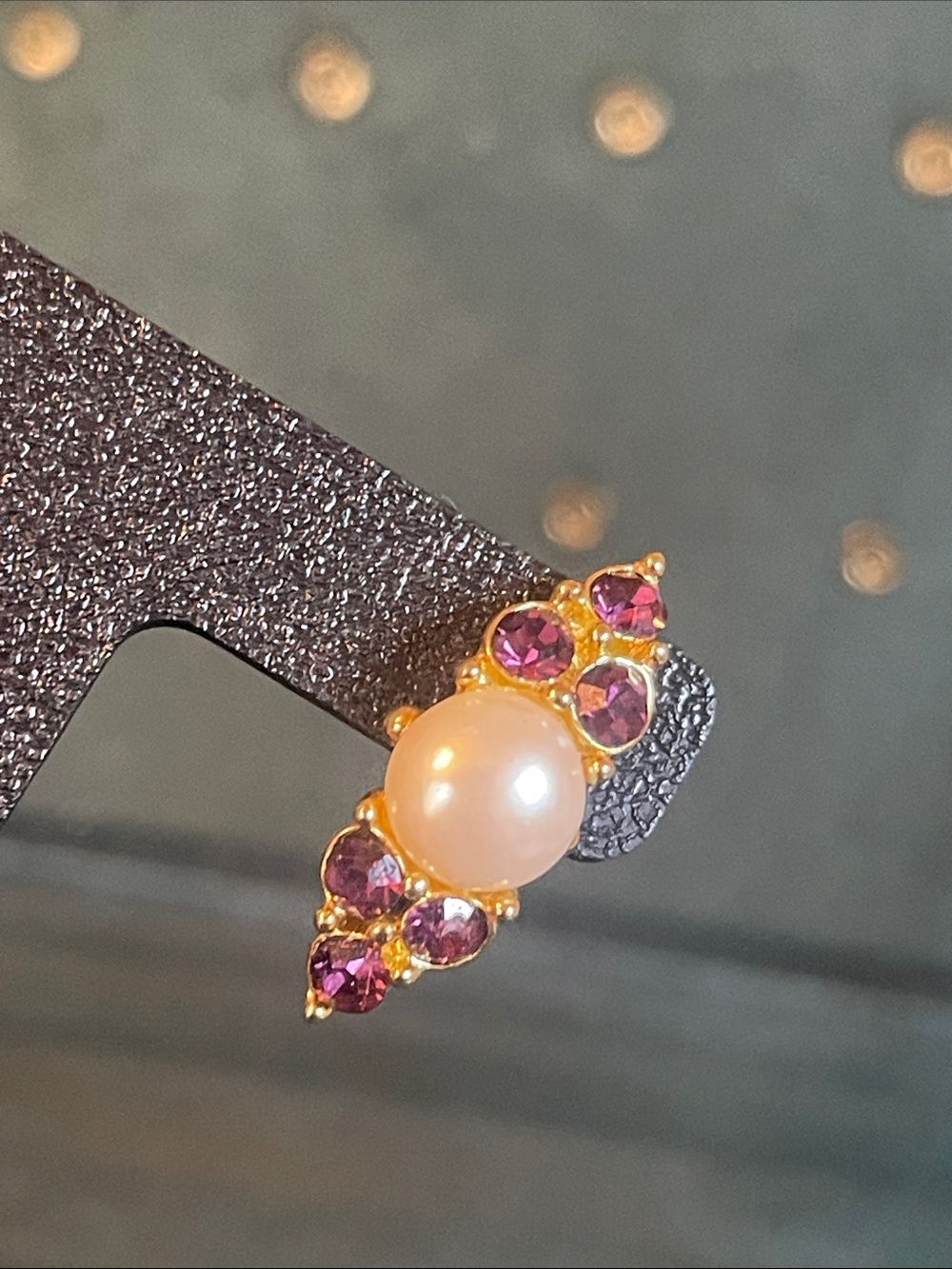 Vintage Givenchy Faux Pearl & Purple Rhinestone Clip On Earrings - Picture 10 of 10